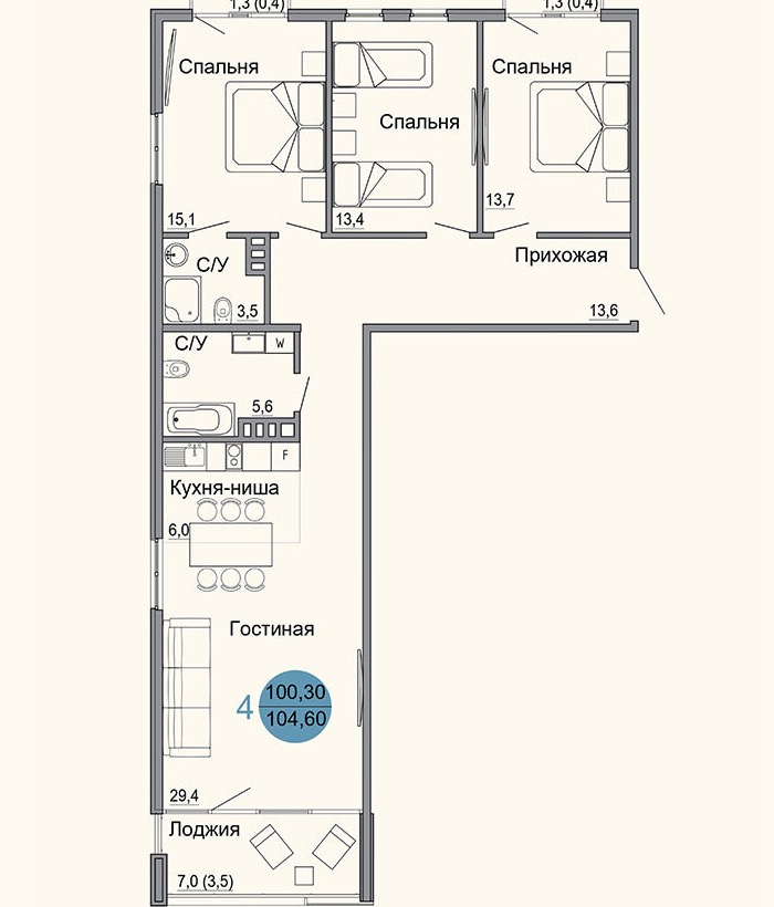 Планировка 4-комнатной квартиры 105 м² в ЖК Белый город