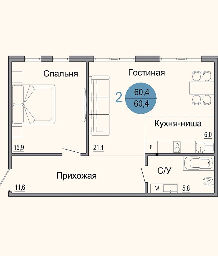 Планировка евро-двушки 61 м² в ЖК Белый город