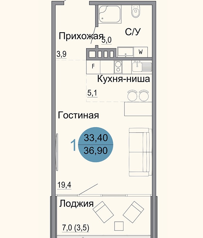Планировка студии 37 м² в ЖК Белый город