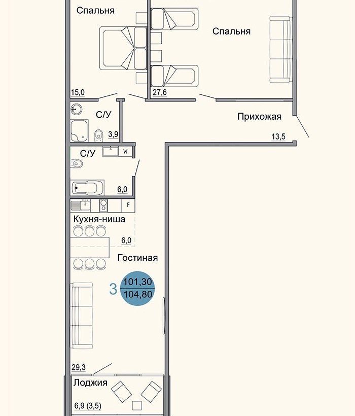 Планировка 3-комнатной квартиры 105 м² в ЖК Белый город